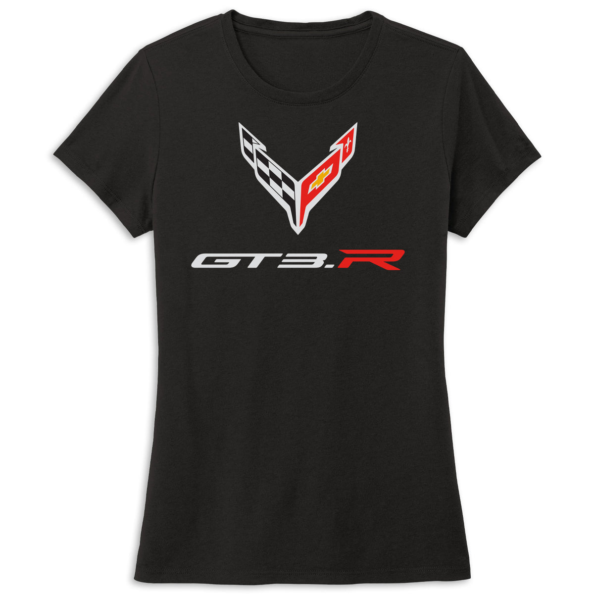 A black short-sleeve crewneck t-shirt featuring a Corvette C8 GT3.R graphic on the chest, displayed against a solid white background.