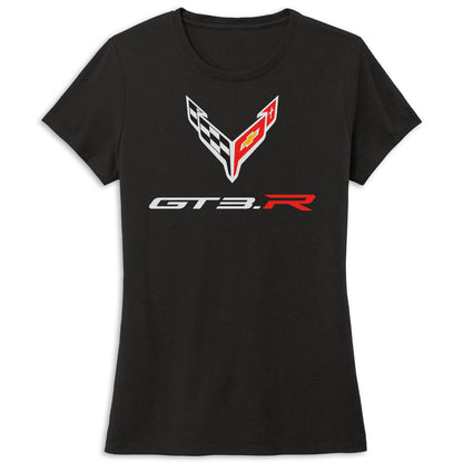 A black short-sleeve crewneck t-shirt featuring a Corvette C8 GT3.R graphic on the chest, displayed against a solid white background.