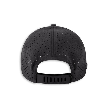 Black perforated mesh baseball cap shown from the back, featuring a structured crown, button top, and adjustable snapback closure on a white background.