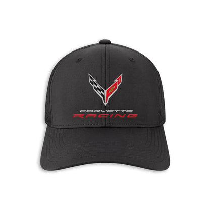 A black baseball cap featuring the Corvette Racing logo embroidered on the front, set against a plain white background.