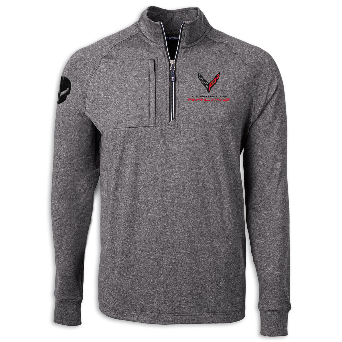 A heather gray quarter-zip pullover jacket with a black and red Corvette logo on the left chest and a black circular patch on the right sleeve, shown on a white background.
