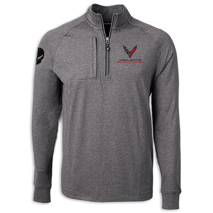 A heather gray quarter-zip pullover jacket with a black and red Corvette logo on the left chest and a black circular patch on the right sleeve, shown on a white background.