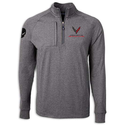 A heather gray quarter-zip pullover jacket with a black and red Corvette logo on the left chest and a black circular patch on the right sleeve, shown on a white background.