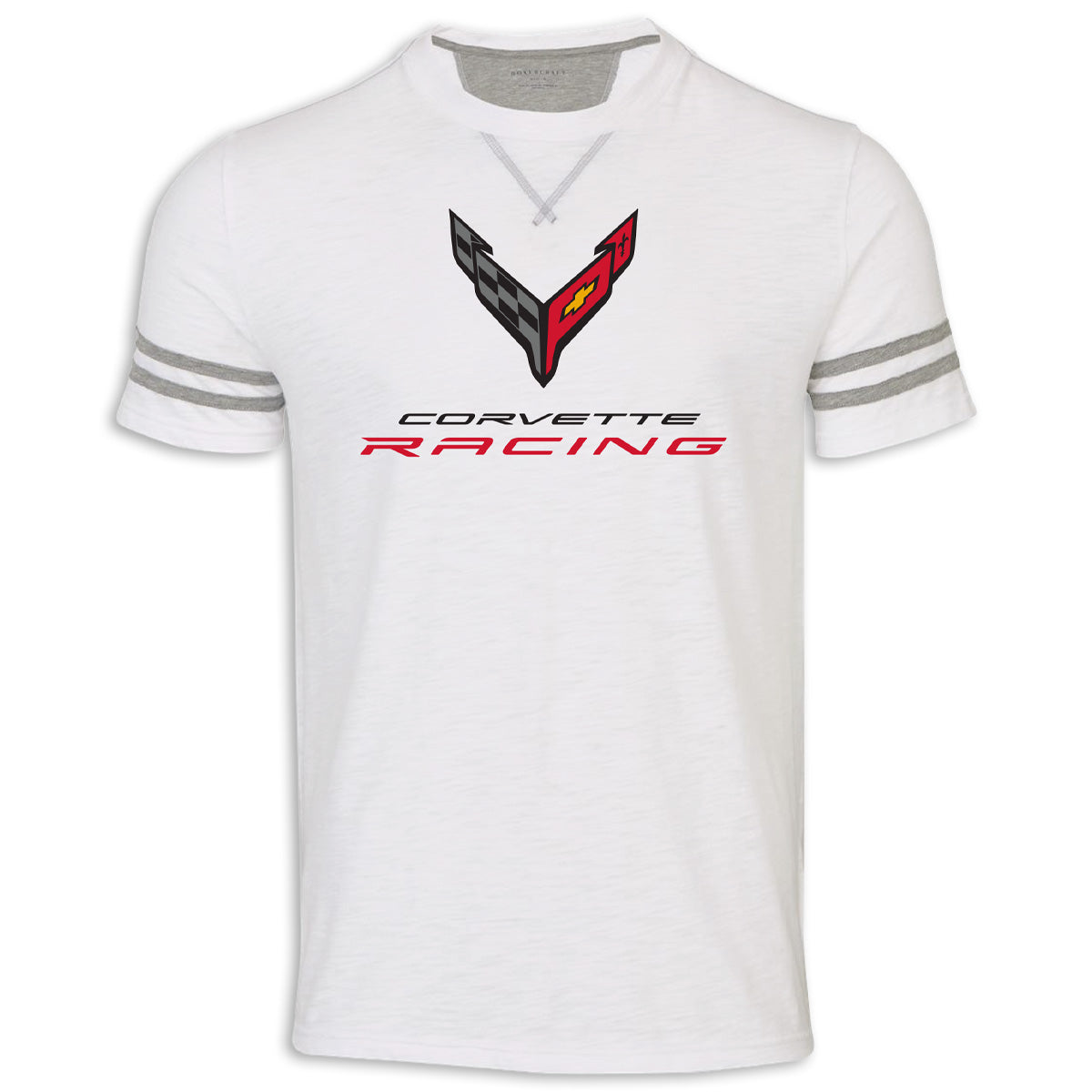 A white short-sleeve t-shirt with gray sleeve stripes and a Corvette Racing graphic on the chest, displayed on a clean white background.